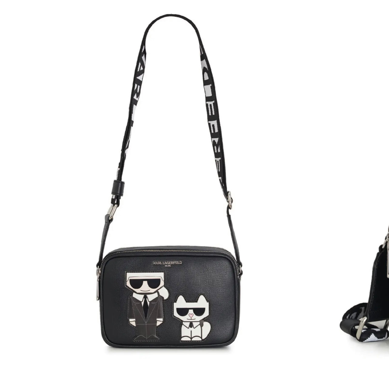 Bolsa tipo crossbody figuras color negro marca Karl Lagerfeld