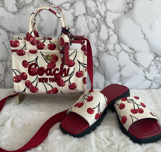 Bolso pequeño en tela grabado cereza marca coach