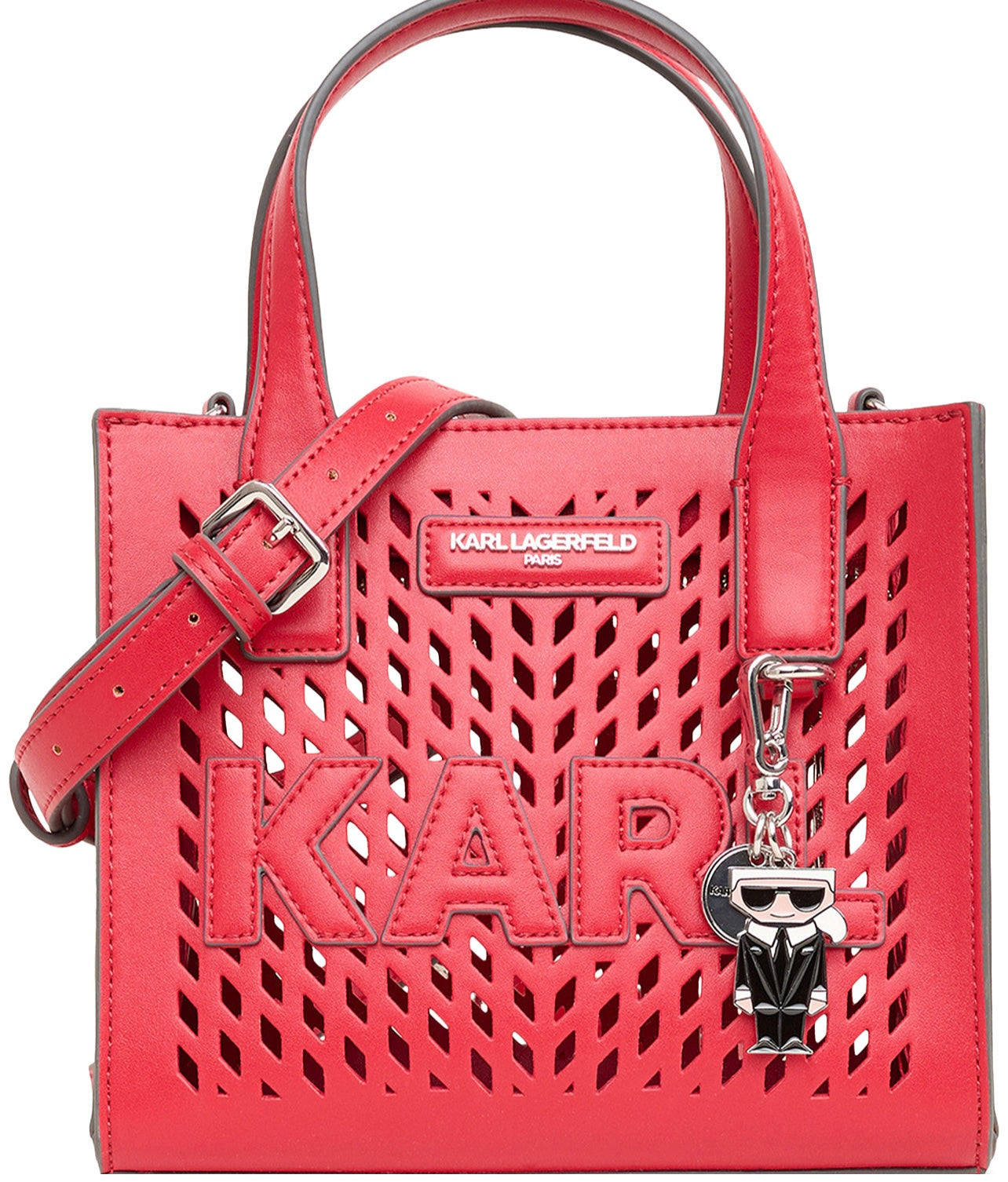 Bolsa color rojo tipo crossbody con portalentes marca Karl Lagerfeld