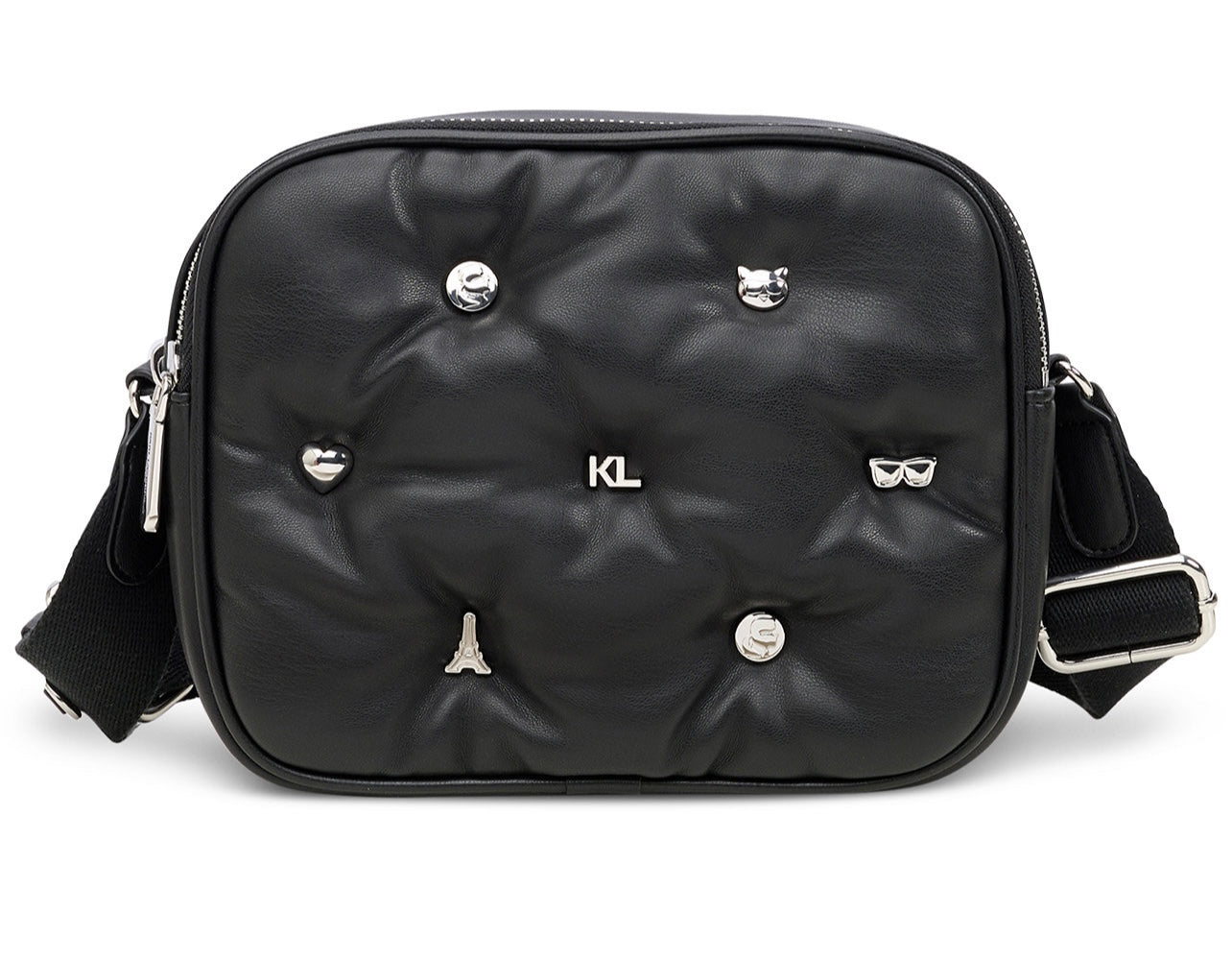 Bolsa crossbody color negros con figuras marca Karl Lagerfeld